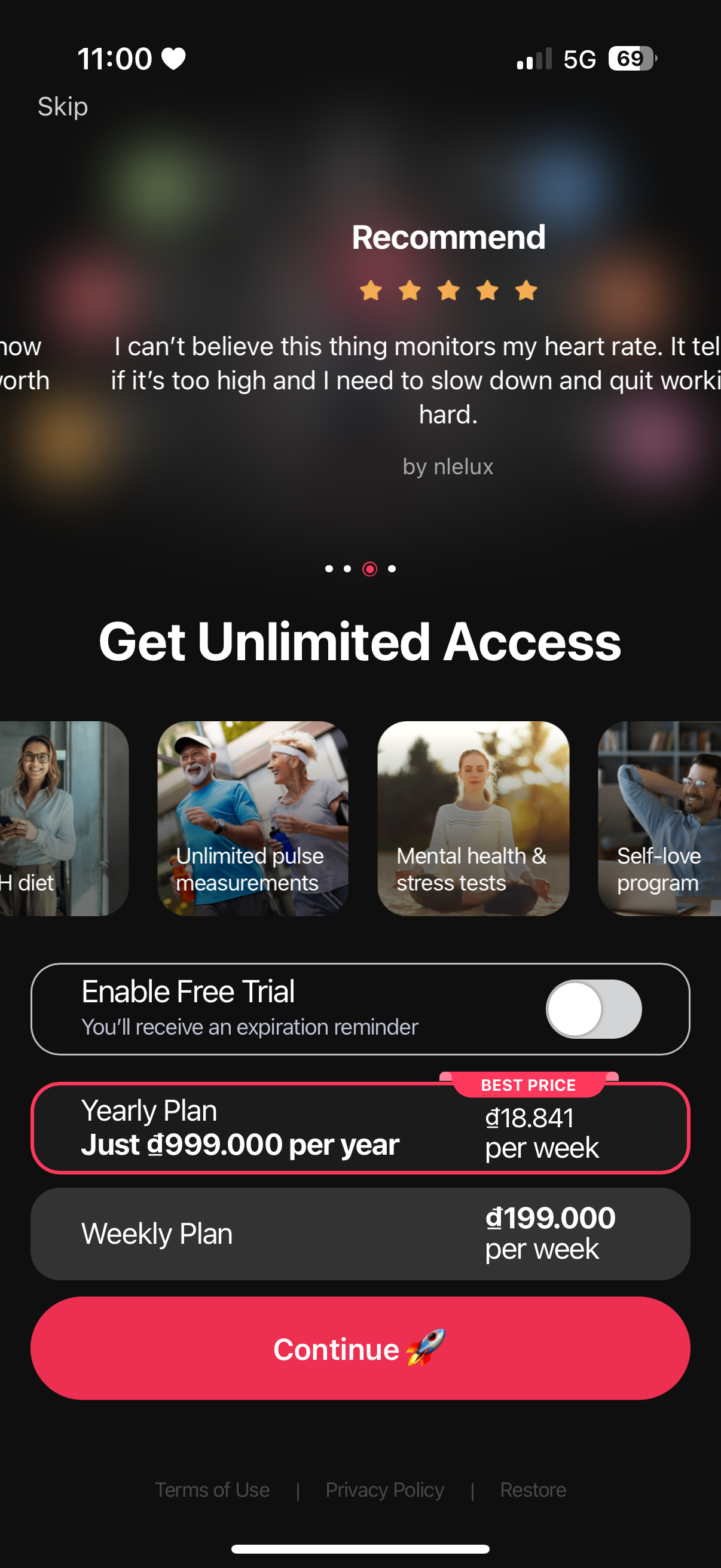 InPulse paywall with social proof and trial toggle